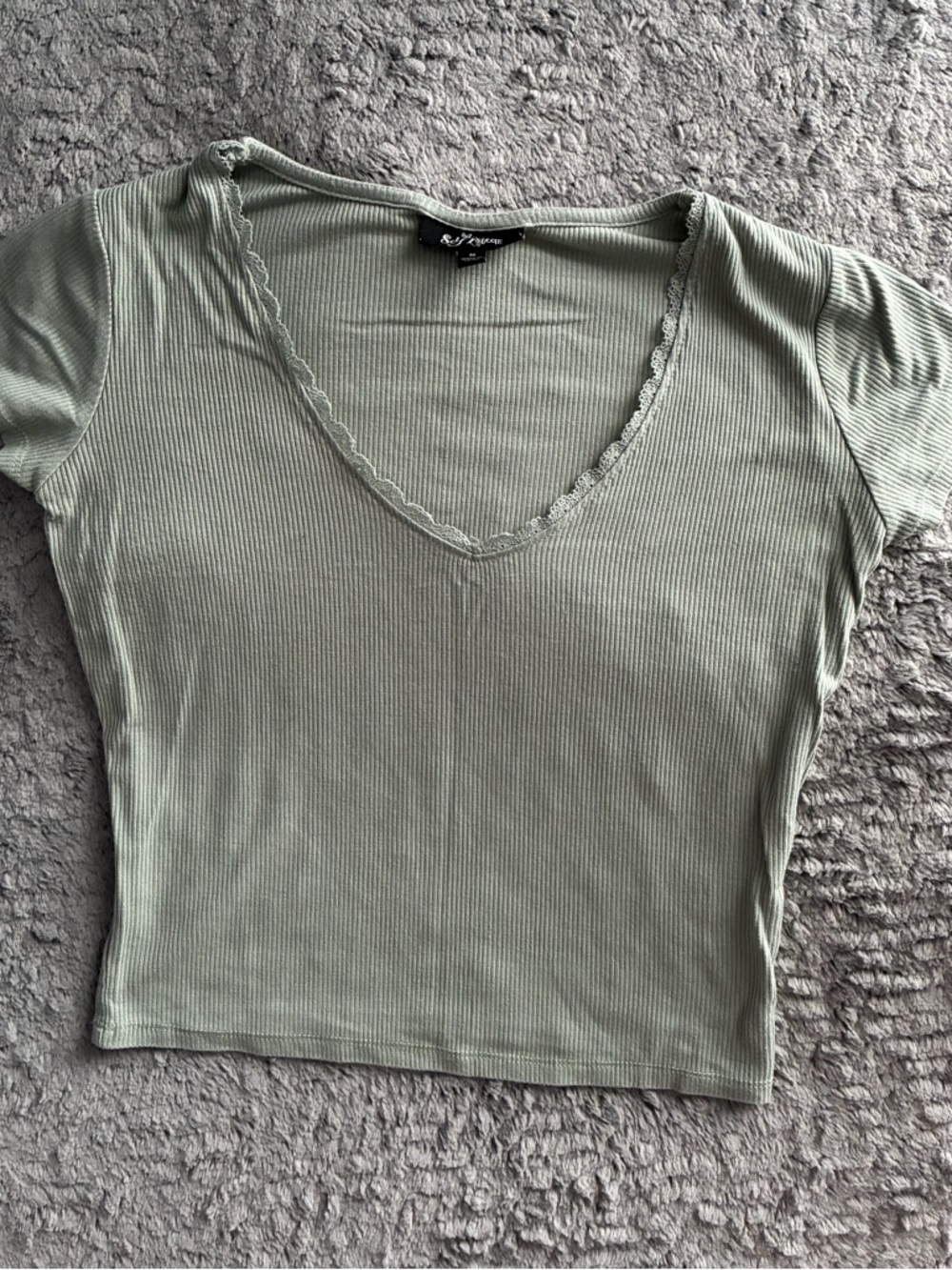 Self Esteem Sage Green Ribbed V-Neck Lace Trim Crop Top